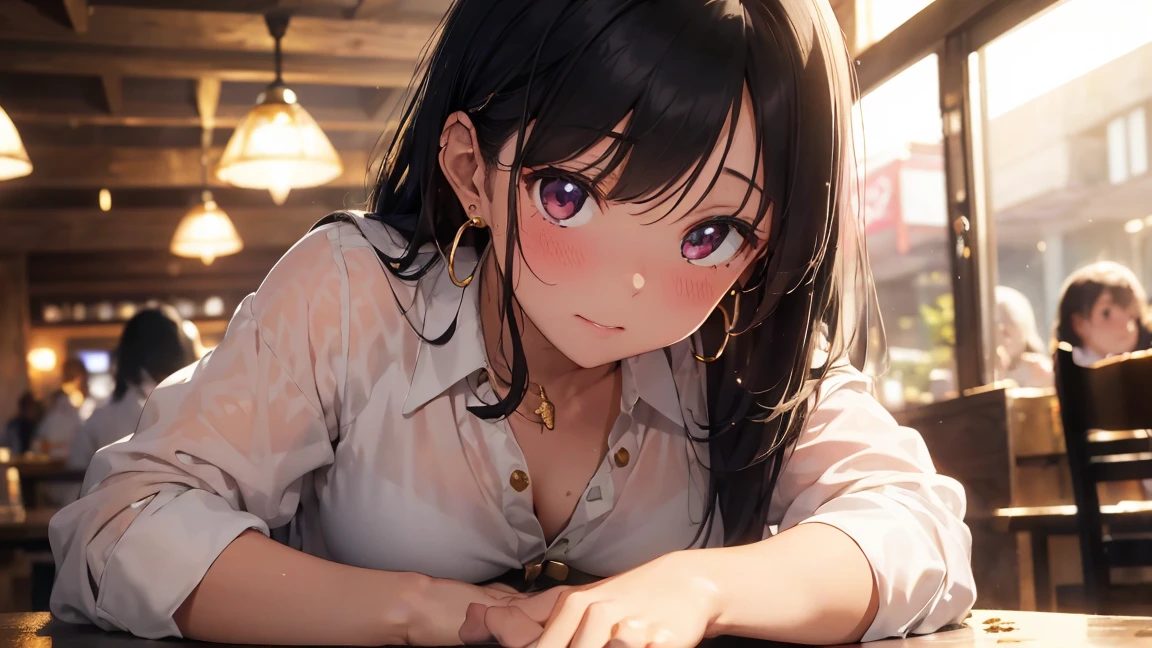 Tabletop, Highest quality, 1 Girl, On my back, Lying face down on the table, (((Dirty black hair, white blouse shirt, Gold earrings))), (Drunk:1.5), (blush:1.3), (Sitting, I'm drinking beer:1.3, sweating:1.3), ((There are lots of big beer mugs:1.2))
((indoor, night, Pub)), (Sharp focus:1.2), Professional Lighting, Photon Mapping, Radio City, Physically Based Rendering