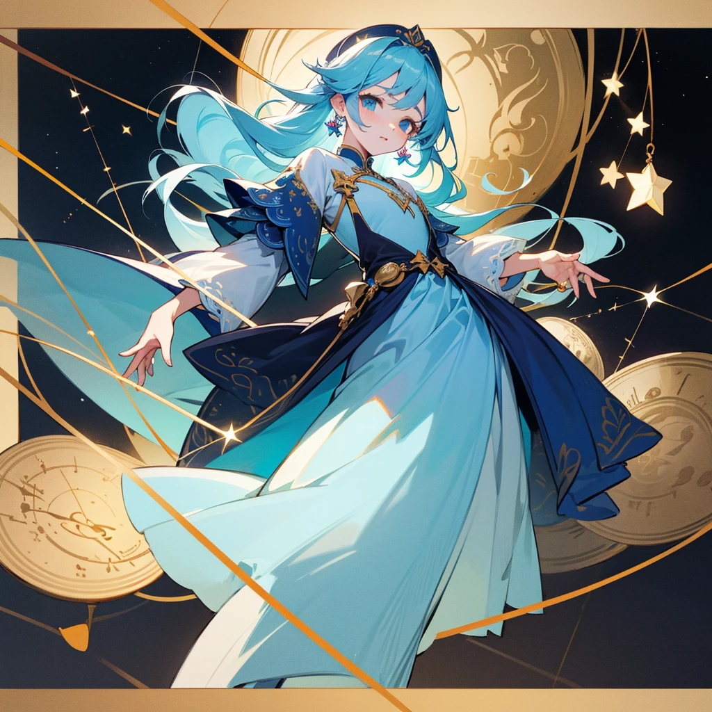 high resolution、Constellation motif、Libra Girl、Wearing a blue dress。He has a scale hanging from his hand。Fantasy、beautiful、cute。Pop。