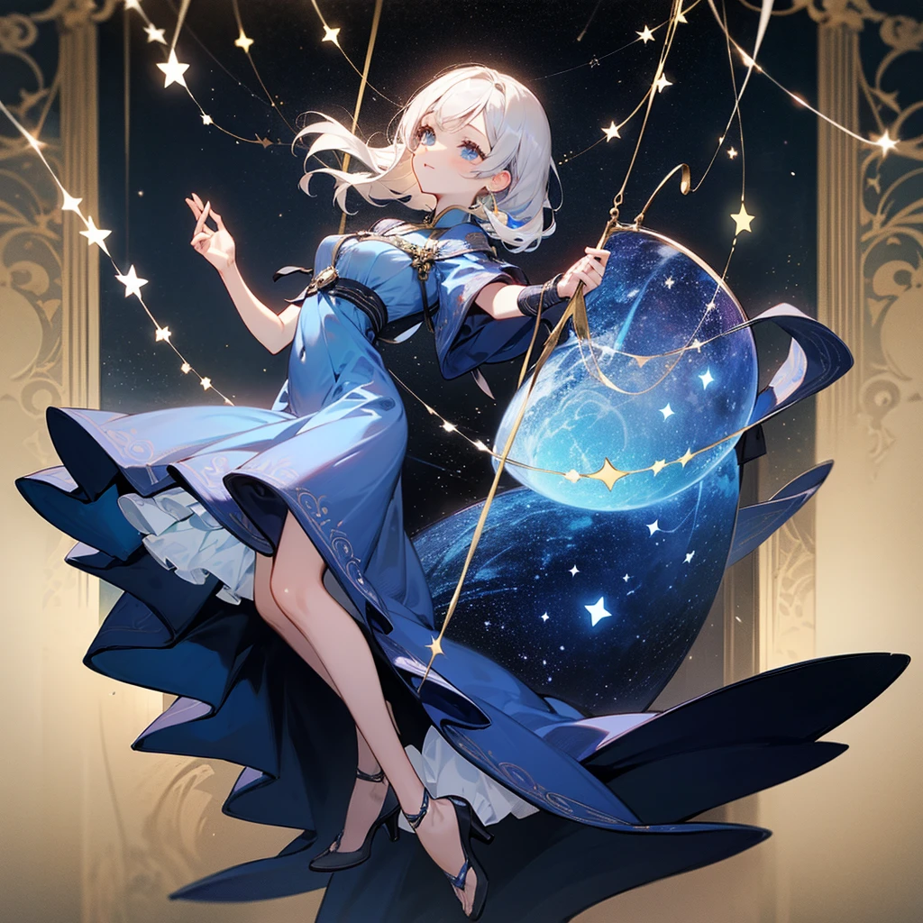 high resolution、Constellation motif、Libra Girl、Wearing a blue dress。He has a scale hanging from his hand。Fantasy、beautiful、cute。Pop。