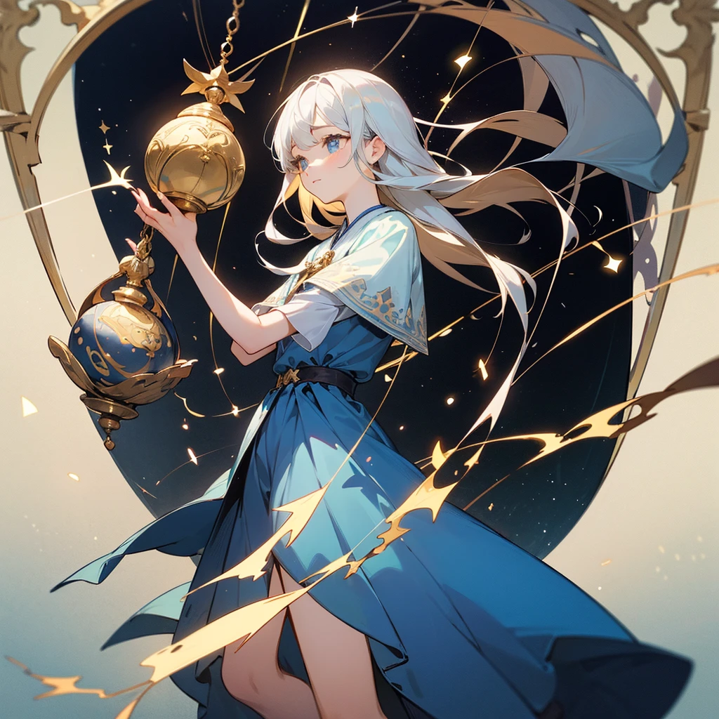 high resolution、Constellation motif、Libra Girl、Wearing a blue dress。He has a scale hanging from his hand。Fantasy、beautiful、cute。Pop。