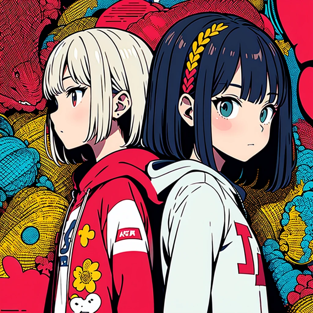 Stylized anime illustration BREAK Profile focused on character in background BREAK Short-haired white character wearing a large hooded jacket, BREAK looks to the side with a calm expression。The complex background of machine gears and cogs、Expressed in a variety of soft colors。, Create complex yet harmonious mosaics