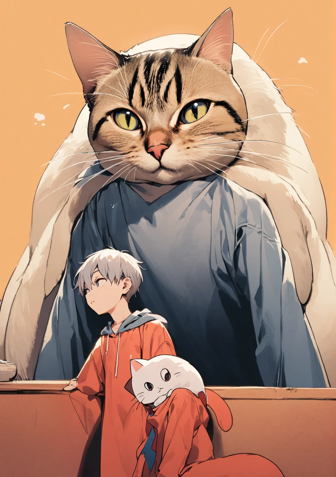 giant cat and young boy, he is panting the cat as model, different pose and angle