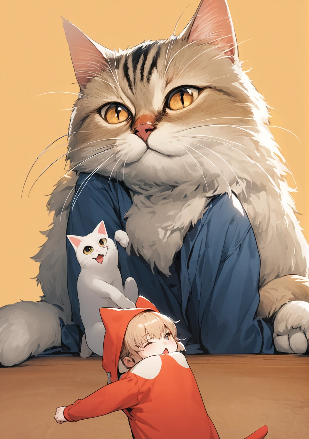 giant cat and young boy, he is panting the cat as model, different pose and angle