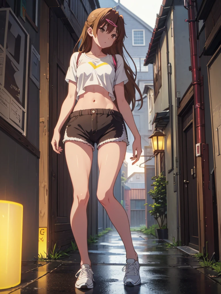 Girl, short tight shorts, Short unbuttoned shirt, Bare breasts, chest visible, street background, Narrow passage between houses, night, rain, slim body, In full growth, Sneakers , small breast,