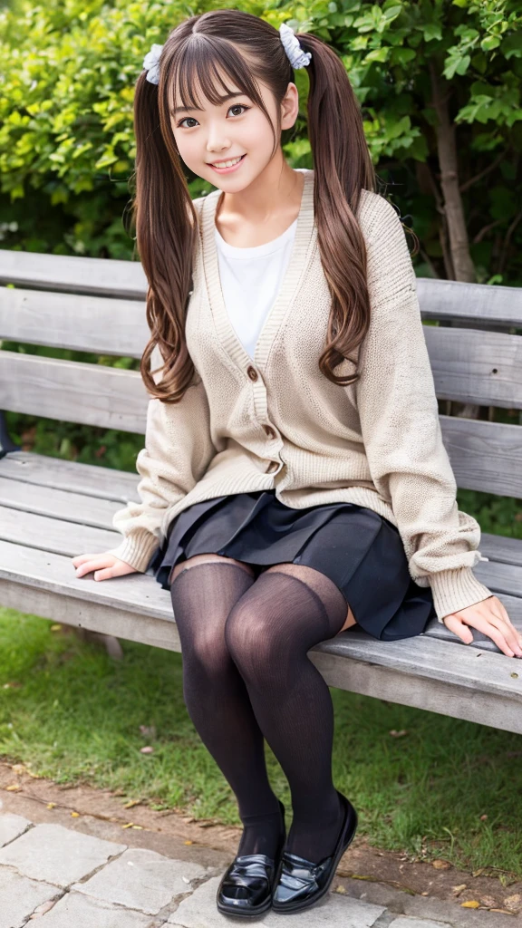 (high quality, High resolution, Very detailed, Realistic:1.37), (Full body pose)、(Full body photo of the girl:1.5)、Peaceful atmosphere, (Plein Air, garden)、 ((Big twin tails、Big scrunchies))、((Sit on a bench))、18 year old high school girl、B cup、Beautifully detailed features, Cute Smile, (Brown Hair), (Casual clothing), (Tight sweater)、(cardigan)、(Checked mini skirt), (black tights)、(tight round ブーツ:1.3)