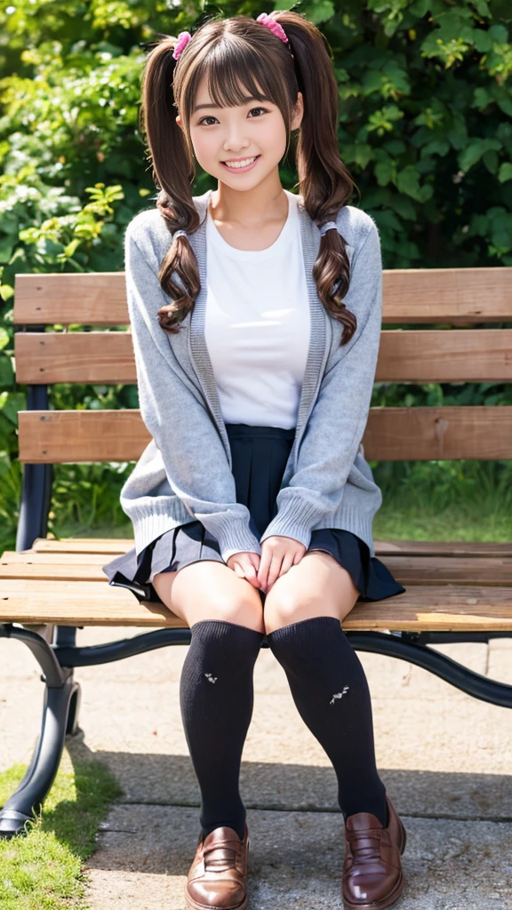 (high quality, High resolution, Super detailed, Realistic:1.37), (Full body pose)、(Full body photo of the girl)、Peaceful atmosphere, (plein air, garden)、 ((Big twin tails、Big scrunchies))、((Sit on a bench))、18 year old high school girl、B Cup、Beautifully detailed features, Cute Smile, (Brown Hair), (Casual clothing), (Tight sweater)、(cardigan)、(Checked mini skirt), (black tights)、(tight round boot字開脚でSit on a bench)