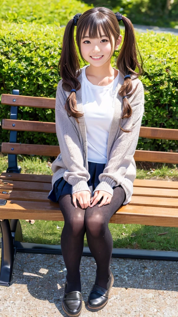 (high quality, High resolution, Super detailed, Realistic:1.37), (Full body pose)、(Full body photo of the girl)、Peaceful atmosphere, (plein air, garden)、 ((Big twin tails、Big scrunchies))、((Sit on a bench))、18 year old high school girl、B Cup、Beautifully detailed features, Cute Smile, (Brown Hair), (Casual clothing), (Tight sweater)、(cardigan)、(Checked mini skirt), (black tights)、(tight round boot字開脚でSit on a bench)