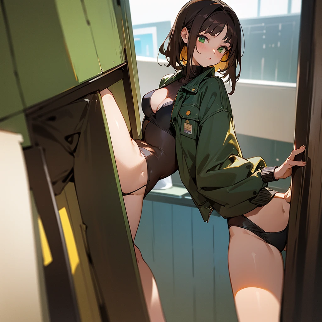 A 14 year old girl with dark brown hair, green eyes, open jeans jacket without pants and below a very sexy and exciting black bikini and a room in the background