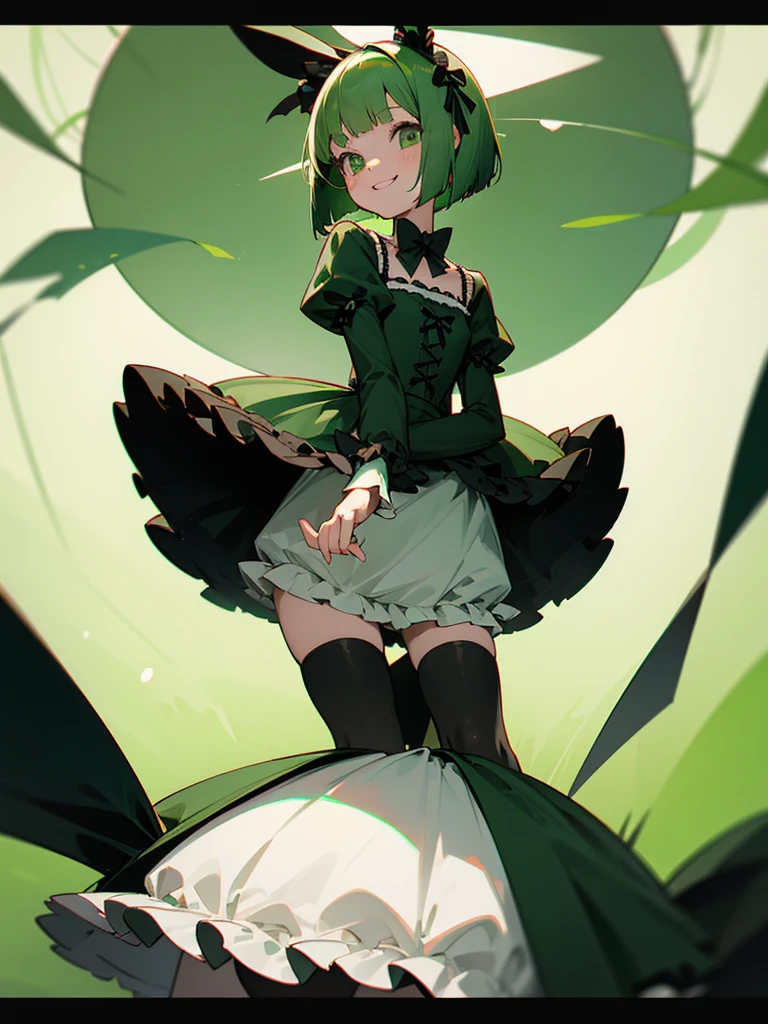 Green rabbit ears, green animal ears, a girl, bob cut, green hair, green eyes, look young, alone, short,  tiny,Lolita, childhood,smile, Gothic Lolita, dress, kawaii, cute
