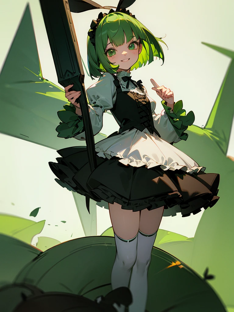 Green rabbit ears, green animal ears, a girl, bob cut, green hair, green eyes, look young, alone, short, tiny,ta, childhood,smile, Gothic Lolidress, kawaii, cute