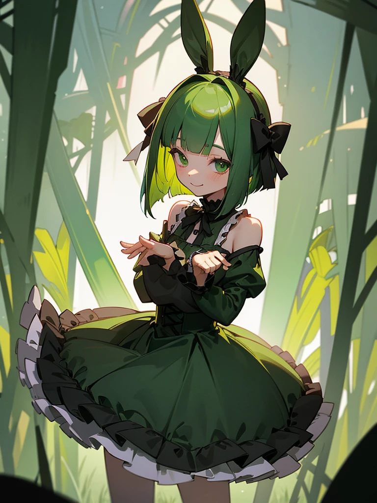 Green rabbit ears, green animal ears, a girl, bob cut, green hair, green eyes, look young, alone, short,  tiny,Lolita, childhood,smile, Gothic Lolita, dress, kawaii, cute