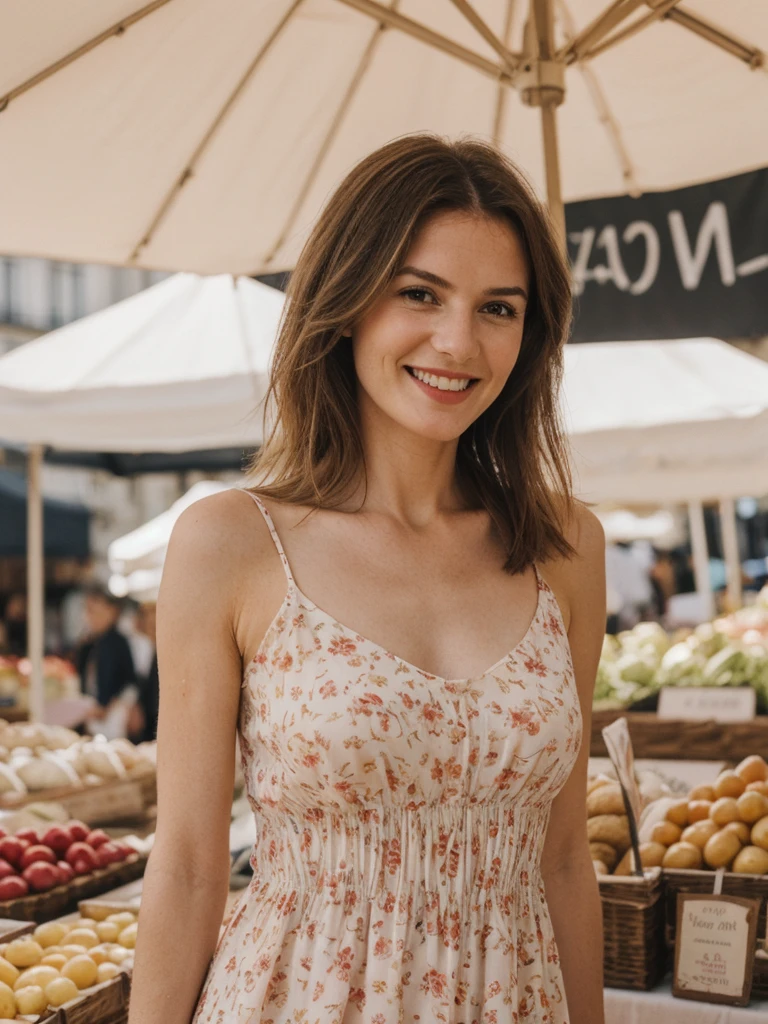 Chloe Laurent, 1girl, solo, realistic, (((consistent face and image))), ((Caucasian mature)), ((French woman)), ((French nose)), ((French lips)), ((French body and skin)), ((upper body and upper legs)), A model in a printed sundress walking through an outdoor market, smiling