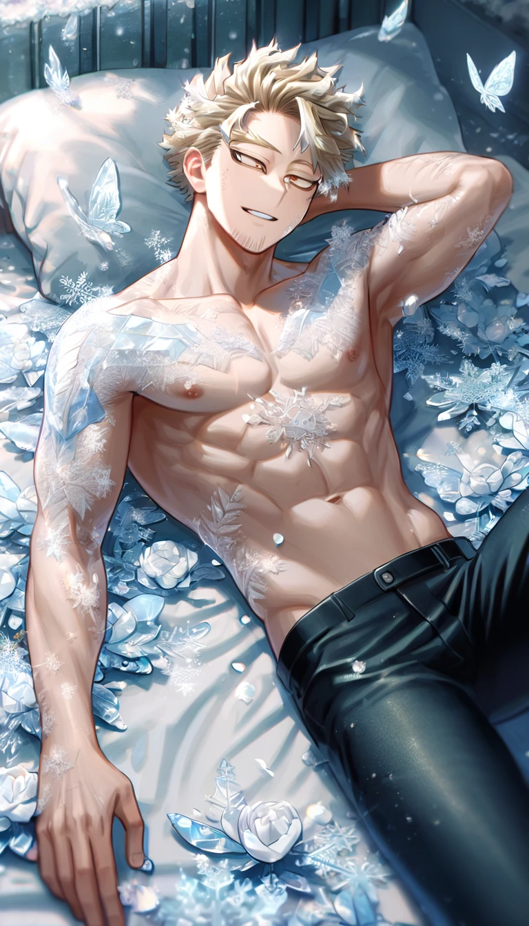 Ultra detailed, Highres, absurdres, HDR, Hawks, ash blonde hair, expressive brown-golden eyes, bare chest, faint stubble, Boku No Hero Academia, white flowers, winter, ice, snowflakes, petals, handsome, sexy man lying on a bed, room, bed, solo, very detailed eyes and face, ice butterflies, master piece, toned chest, glittering, handsome smile, black pants