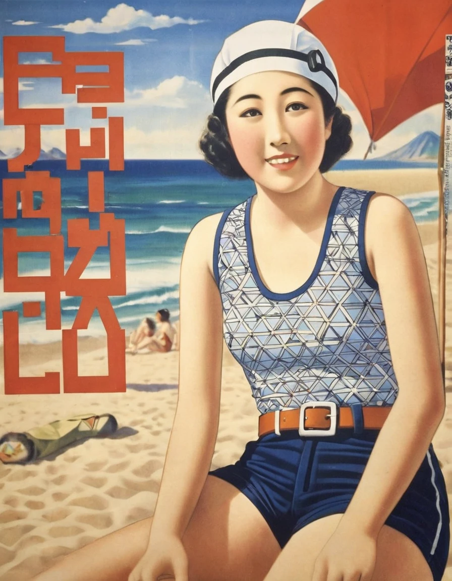 (((1930s Japanese poster)))),A masterpiece sitting on the beach,close-up,portrait, beach,Japanese woman,(Japanese pompadour:1.3),narrow eyes,Expressionless,(geometric pattern tank top:1.3),(black short pants),(white belt),(tight swim cap)