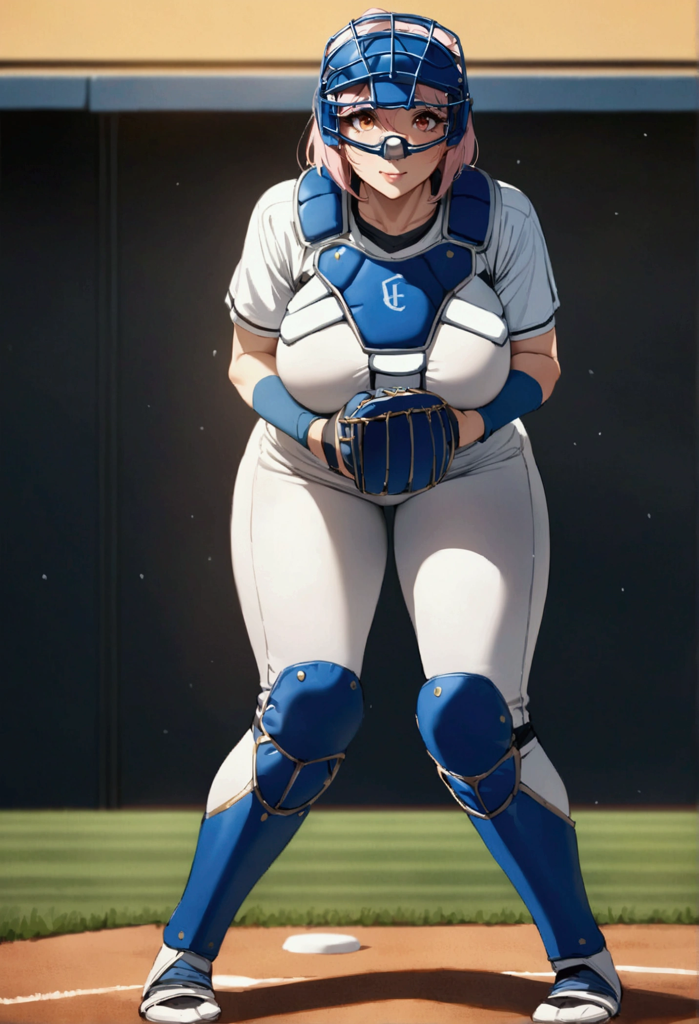 Female baseball catcher, huge breasts, BIG ASS, Baseball catcher's mask, detailed Catcher's mitt, detailed (Catcher's body protector:1.3), knee pad, leg protector, Catching posture, (detailed cameltoe:0.5), full body shot from front, baseball diamond background, cinematic lighting, masterpiece, accurate, anatomically correct, textured skin, high details, high quality, best quality, 