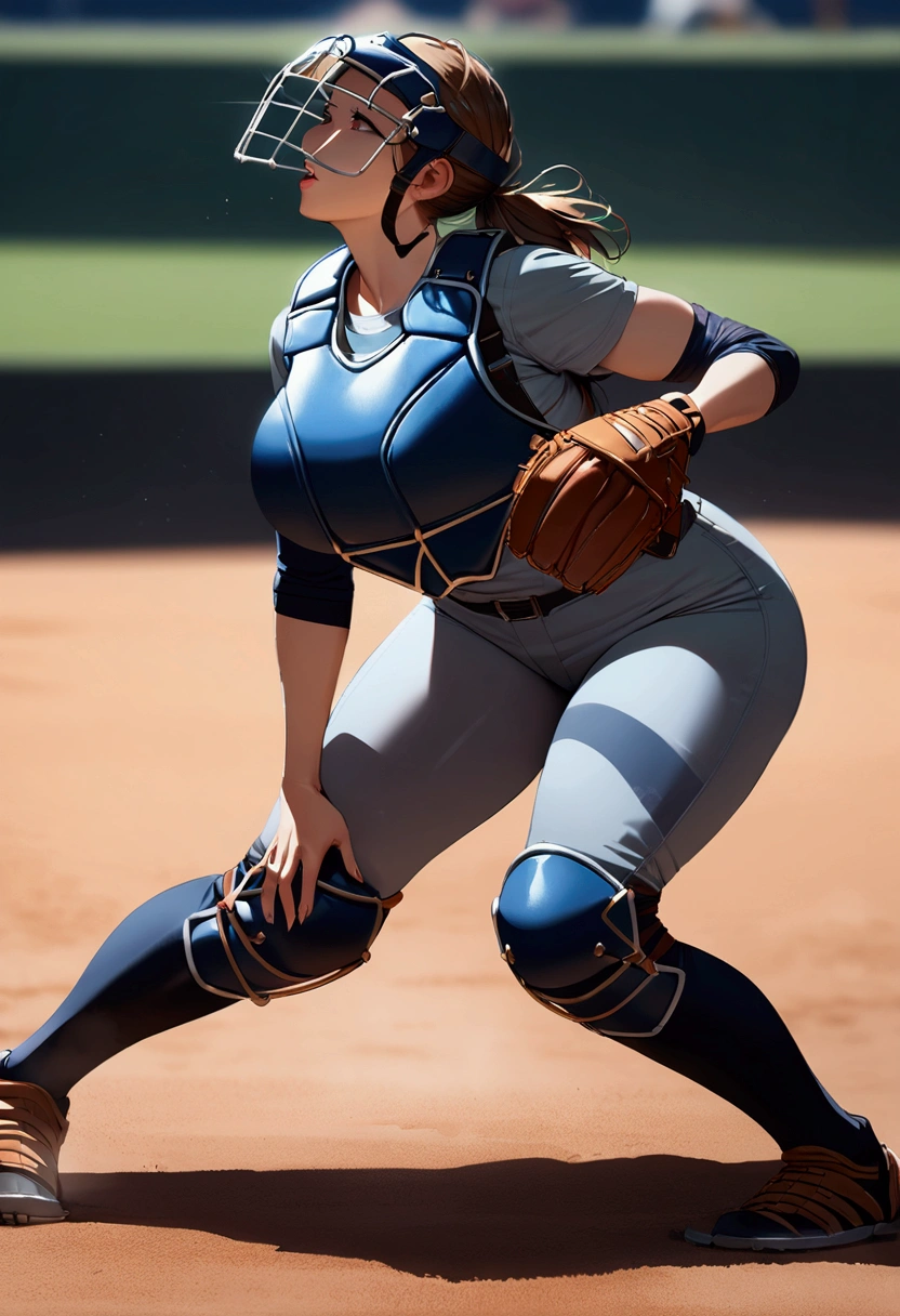 Female baseball catcher, huge breasts, BIG ASS, Baseball catcher's mask, detailed Catcher's mitt, detailed (Catcher's body protector:1.3), knee pad, leg protector, Catching posture, (detailed cameltoe:0.5), full body shot from front, baseball diamond background, cinematic lighting, masterpiece, accurate, anatomically correct, textured skin, high details, high quality, best quality, 
