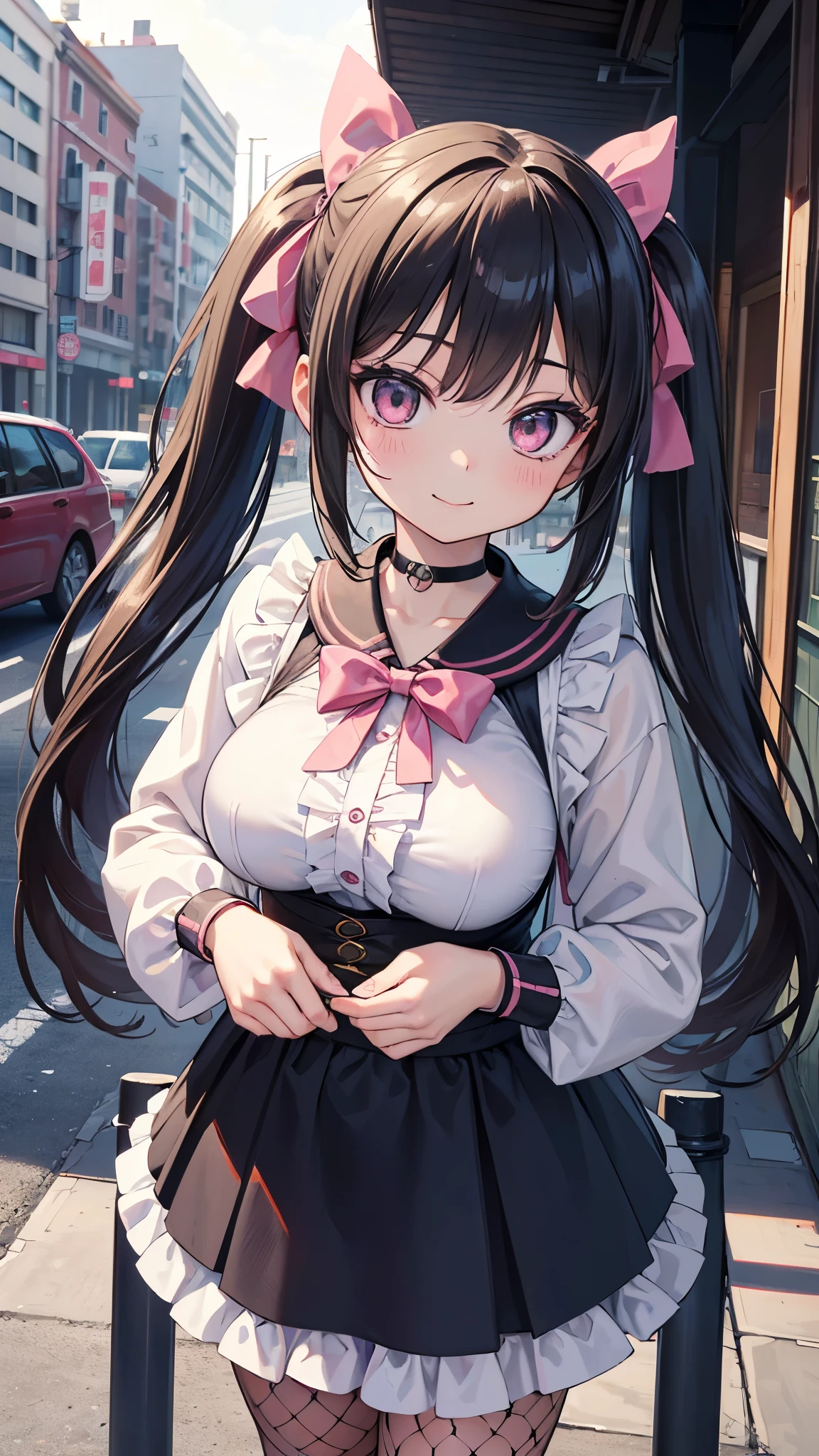 black hair, female, twin drills, solo, smol, pink eyes, massive breasts, very long hair, wear plain white sweater and pink skirt, masterpiece, ultra high quality