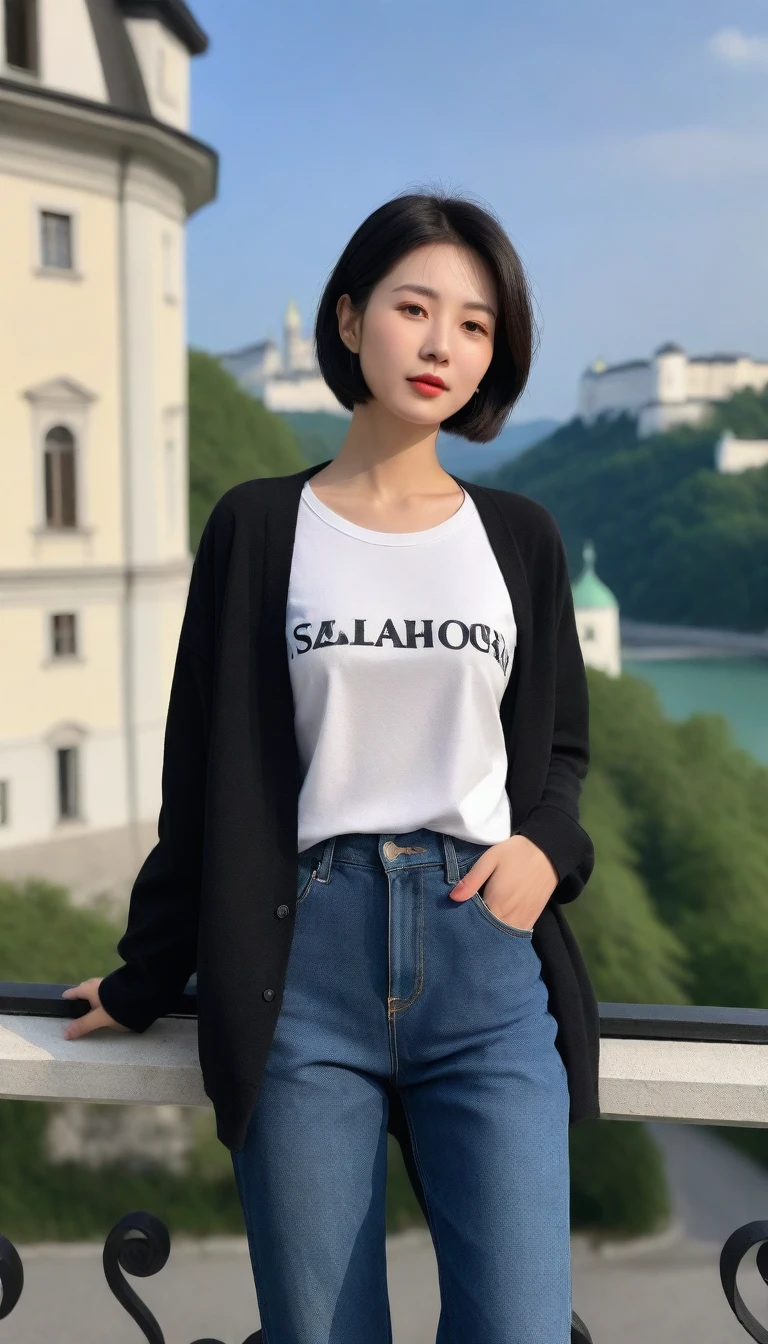 The name is Asako., high quality, 1 woman, ((36-year-old healthy Korean woman)), ((36 years old)), 1 woman, ((slim)), ((short medium hair)), pose: standing, Edgy Generation-Z famous brand dark colored T-shirt and pale cardigan, casual pants, background:Your residence is a baroque townhouse with a plaster façade and wrought iron railings.., Overlooking the Salzach River and Hohensalzburg Fortress