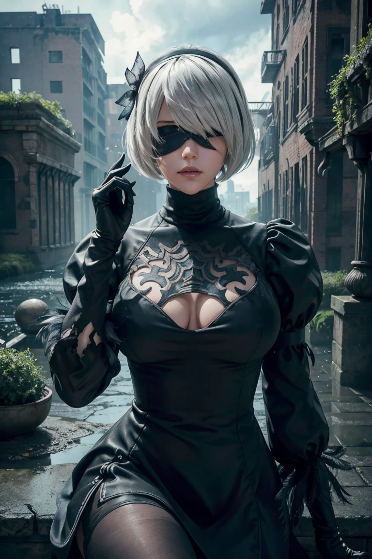 2B Nier Automata,Bobcut, Gray Hair,Long sleeve, Juliet Sleeve, White gloves, turtleneck, bangs, Feather ornament, Feather ornament sleeves, Blindfold, Black Goth Dress,Under Angle,Japanese Ultra HD,super high quality,masterpiece,Digital SLR,Photorealistic,Detailed details,Vivid details,Depicted in detail,A detailed face,Detailed details,Super Detail,Realistic skin texture,Anatomical basis,Perfect Anatomy,Anatomically correct hand,Anatomically correct fingers,Complex 3D rendering,Sexy pose,Rainy Sky,Beautiful scenery,Fantastic rainy sky,Fantasy worldview,Picturesque,Pink Lips,Black butterfly々Fluttering,A ruined world,A devastated battlefield,ruins,