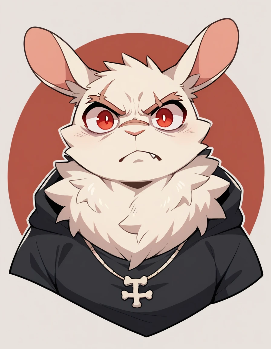 (Rabbit), anthropomorphic red rabbit, alone, (scar on left eye), (2-tone white and red fur), (neck), (perfect red eyes:1.4), (Artist:Takemoto Arashi), twitch, mature face, older, clear facial details, Rough intimidating, , side of character, long eyelashes, fang, serius , Black shirt, Bone necklace, exposing chest, ((show upper body)), ((Bust)), Full Length Portrait, Tonalism, Head Out of Frame, Outer Border, Tachi-E, High Details