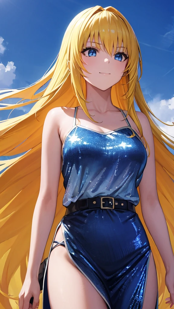 (masterpiece:1.3), (best quality:1.1), (8k, ultra detailed, ultra high res:1.2), ((anime style)), perfect 5 fingers, perfect anatomy,
1girl,
BREAK long hair, wavy hair,
(blonde hair),
(blue eyes),
medium breasts, camisole, (Sequins:1.2),
BREAK smile,
(gazing skyward:1.4), standing,
cowboy shot,
outdoor, sky,