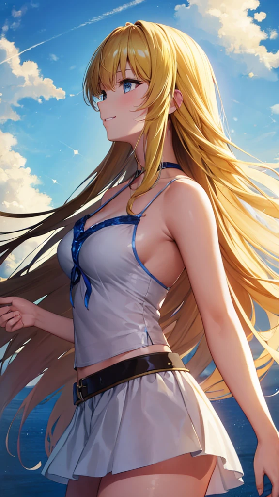 (masterpiece:1.3), (best quality:1.1), (8k, ultra detailed, ultra high res:1.2), ((anime style)), perfect 5 fingers, perfect anatomy,
1girl,
BREAK long hair, wavy hair,
(blonde hair),
(blue eyes),
medium breasts, camisole, (Sequins:1.2),
BREAK smile,
(gazing skyward:1.4), standing,
cowboy shot,
outdoor, sky,