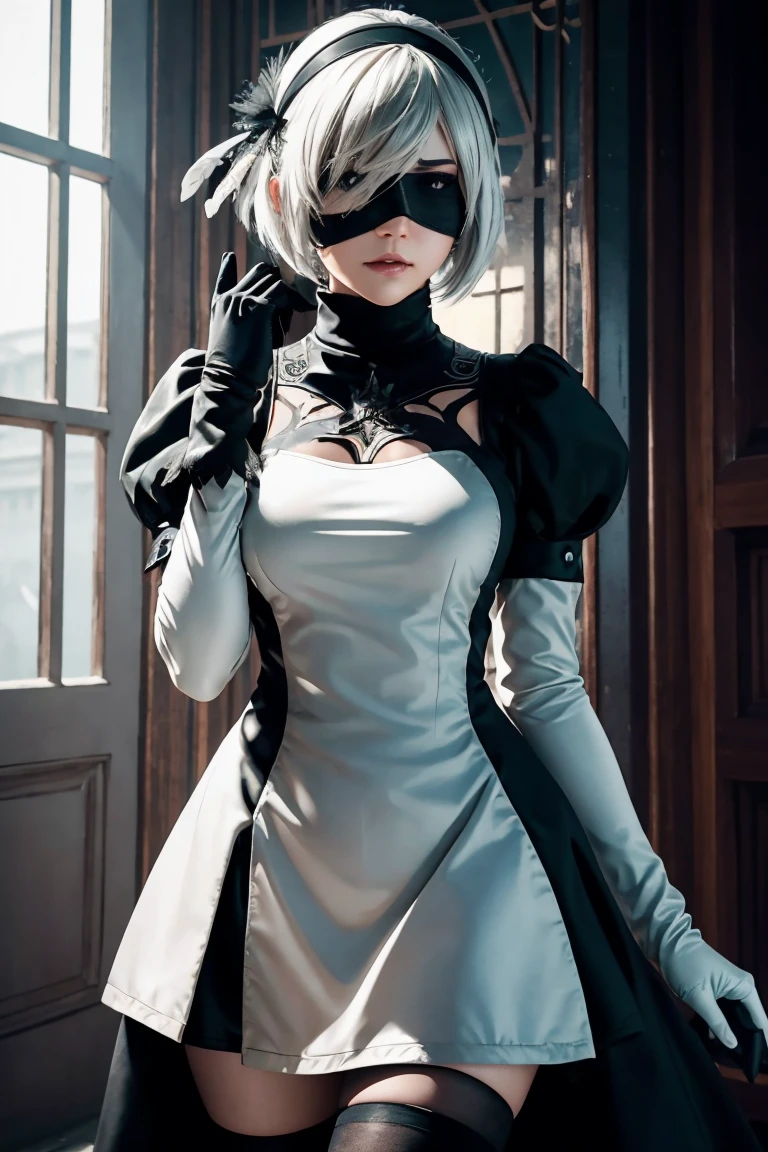 2B Nier Automata,Bobcut, Gray Hair,Long sleeve, Juliet Sleeve, White gloves, turtleneck, bangs, Feather ornament, Feather ornament sleeves, Blindfold, Black Goth Dress,Bird&#39;s-eye view,Japanese Ultra HD,super high quality,masterpiece,Digital SLR,Photorealistic,Detailed details,Vivid details,Depicted in detail,A detailed face,Detailed details,Super Detail,Realistic skin texture,Anatomical basis,Perfect Anatomy,Anatomically correct hand,Anatomically correct fingers,Complex 3D rendering,Sexy pose,Rainy Sky,Beautiful scenery,Fantastic rainy sky,Fantasy worldview,Picturesque,Pink Lips,Black butterfly々Fluttering,A ruined world,A devastated battlefield,ruins,