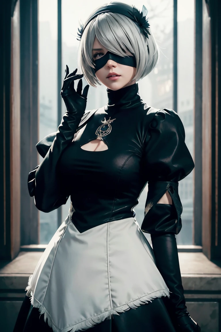 2B Nier Automata,Bobcut, Gray Hair,Long sleeve, Juliet Sleeve, White gloves, turtleneck, bangs, Feather ornament, Feather ornament sleeves, Blindfold, Black Goth Dress,Bird's-eye view,Japanese Ultra HD,super high quality,masterpiece,Digital SLR,Photorealistic,Detailed details,Vivid details,Depicted in detail,A detailed face,Detailed details,Super Detail,Realistic skin texture,Anatomical basis,Perfect Anatomy,Anatomically correct hand,Anatomically correct fingers,Complex 3D rendering,Sexy pose,Rainy Sky,Beautiful scenery,Fantastic rainy sky,Fantasy worldview,Picturesque,Pink Lips,Black butterfly々Fluttering,A ruined world,A devastated battlefield,ruins,