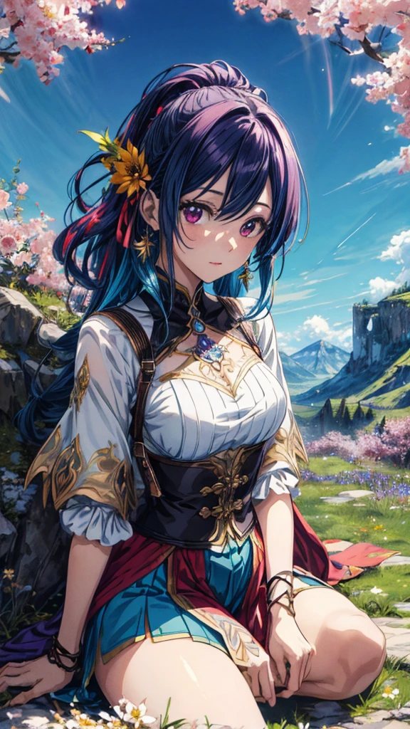 anime-style illustration, The image shows a young woman sitting on the grass watching overlooks the vast expanse of clear blue sky and mountain, flower colorful color blue red green purple yellow, fantasy world medieval, rocks, The scene is depicted in a highly saturated and vibrant style, Vibrant colors include deep purples, electric blues, neon pinks, and shimmering golds. The lighting is ethereal, intense and rich COLORS VIVID, strong exaggerated colors, glowing everywhere, dramatic lighting, epic, majestic, awe-inspiring, mystical, ethereal, The sky above is clear blue sky, The atmosphere is full of magical color films, High Detail.