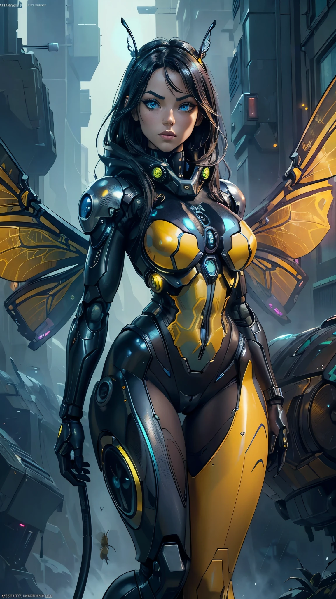 (The best quality,A high resolution,ultra - detailed,actual),Ariana Grande cyborg wasp with dragonfly wings, there is a robot that is standing in the rain, (sci-fi android female:1.4) , (WLOP. Scifi:1.4) , Cyberpunk robot, (girl in mecha cyber armor:1.4) , retrofuturistic female android, hyper-realistic cyberpunk style, (cyberpunk bee:1.4) , Wojtek FUS, cyberpunk art ultrarealistic 8k, scifi woman, cyber monkey in the scifi forest,( yellow mech:1.4) , (cowboy pose), Epic Fantasy Art Style HD, 4K fantasy art, epic fantasy digital art style, epic fantasy art style, Fantasy Woman, epic fantasy art portrait, Epic fantasy style, hyperrealistic fantasy art, hd fantasy art, Epic fantasy character art, epic fantasy art, in style of dark fantasy art, epic fantasy digital art, (face detailed :1.4), (perfect anatomy :1.4),! ciborg mecánica plastic transparent yellow :1.4), (dragonfly cyborg :1.4), (dragonfly big wings :1.4), (Beautiful blue eyes :1.4), (Face details: 1.5, bright blue eyes, beautiful face, pretty eyes, Iris contour, thin lips: 1.5, Thin, sharp pale eyebrows, Long, dark eyelashes, double tabs),