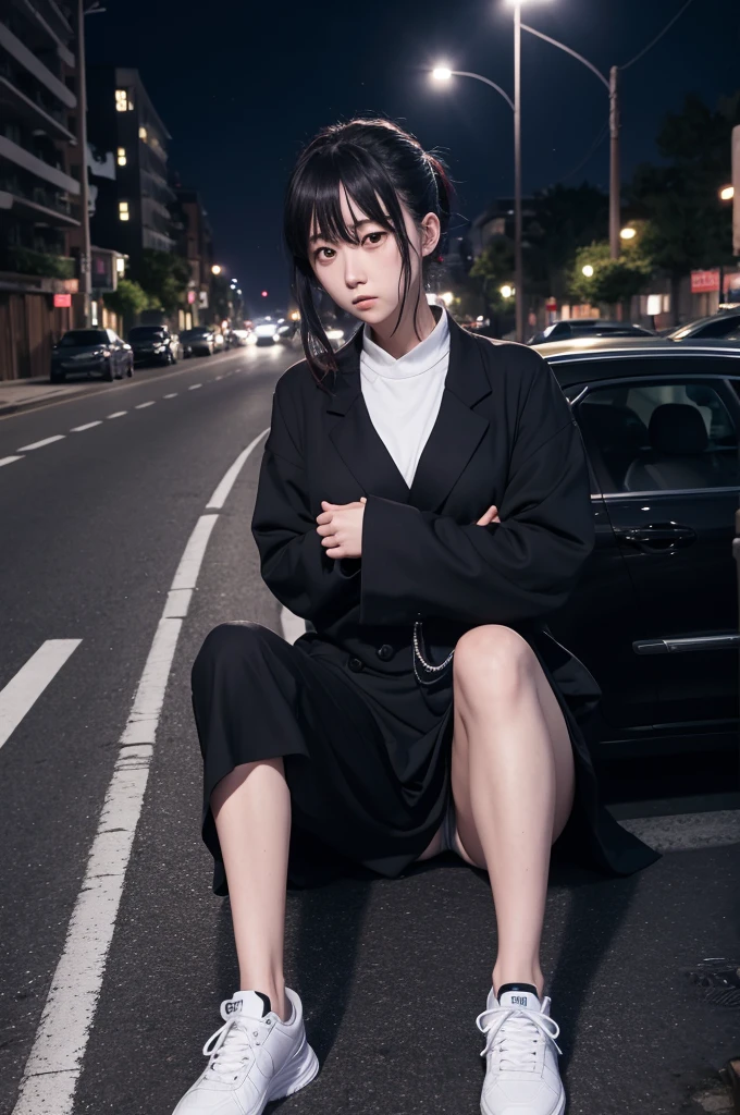 Put the character Kento Nanami from Jujutsu Kaisen in the car outside at night, black suit dress and white sneakers, on a chic neighborhood street