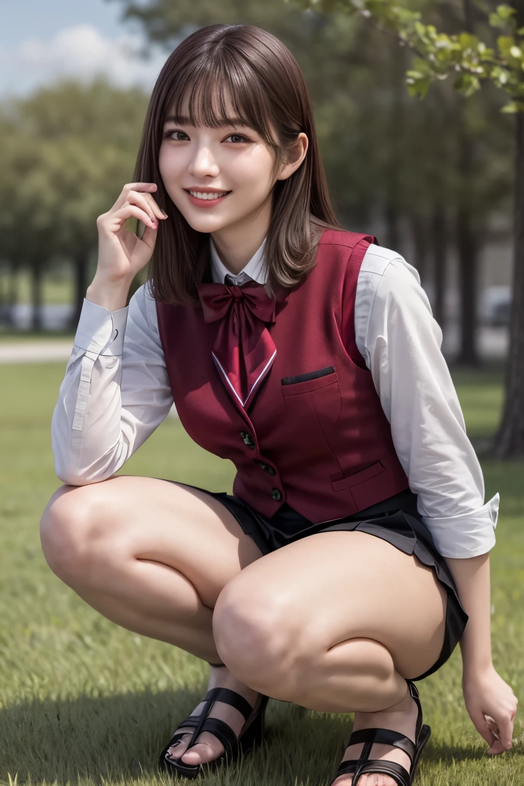 (nsfw:-2),(realistic, photo-realistic:1.4), (masterpiece,best quality:1.2), RAW photo, high resolution, intricate details extremely detailed, realistic and sharp details, portrait, frontal photography, look at viewer, solo, 1girl, a  old woman, (office lady),(uniform,vest,tight skirt,bare legs:1.4), sandals, (squatting with spread legs apart), dark hair, (detailed face, beautiful detailed eyes, sophisticated nose), pale skin, smile, photo background, outdoors, grass field, large park,,,[Aya Ogawa, Nogizaka46]