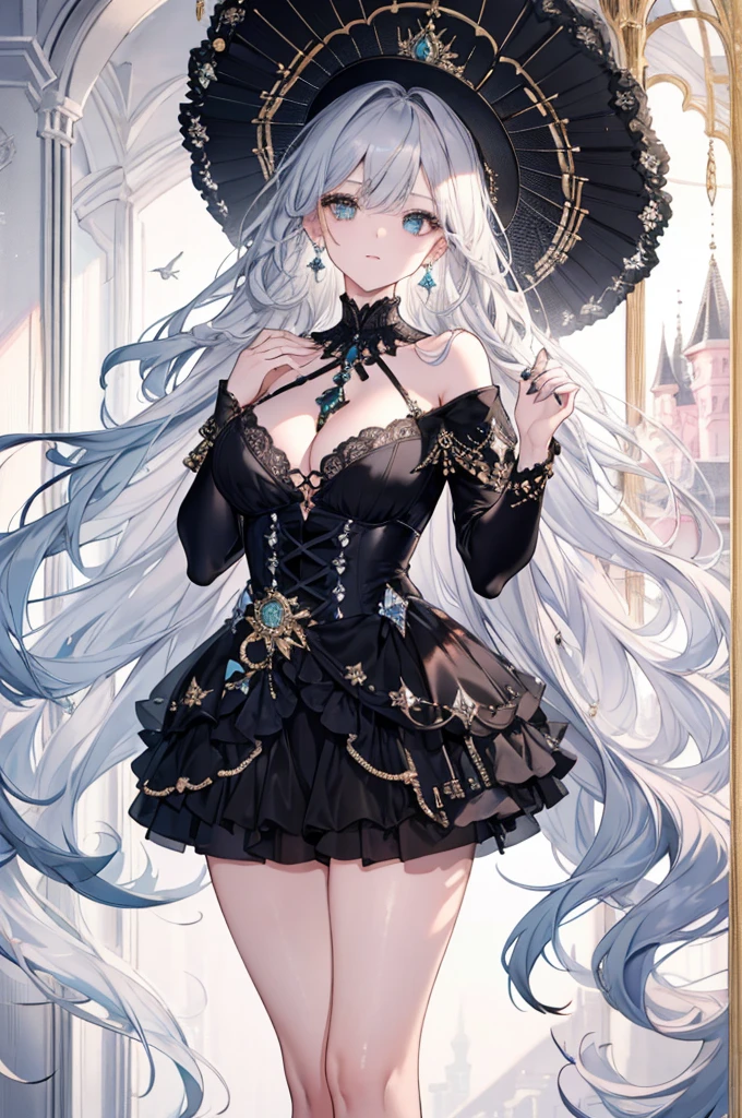 High resolution RAW color art, animation,Sculpture, Silver Marble Skin, (((Highly detailed elegant))), Magical atmosphere, Detailed skin, texture,(Exquisitely crafted, The finer details, Ultra-detailed art), Depth of written boundary, Silky Touch, Hyper Detail, White Background, (Black geometric shapes), Beautiful Eyes, Elegant face, Sunset sky,, Ivory Rose, eye shadow、(Highest quality:1.2, High detail, masterpiece:1.2, Best aesthetics), (1 Girl), Beautiful woman, Beautiful attention to detail, Beautiful lip detail, Highly detailed face, Delicate depiction of hair and eyes, Detailed Fashion, Aqua Eye, Earrings, Big Breasts,Full body depiction, ,Focus on the user, Bare legs, Black nails, Black off-the-shoulder, Black shorts, Gray Hair, Gold bracelet, Long Hair, Light blue inner hair、Hair、Blushing and looking up