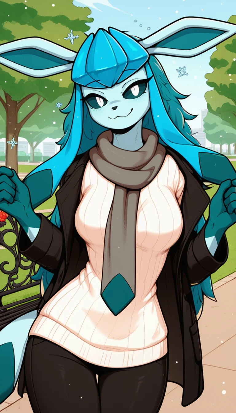 Excited expression, 1girl, anthro, furry, fur, fluffy fur, glaceon girl, blue hair (cyan highlights), black sclera, white eyes, long hair, Messy hair, (19 years), medium breast, thicc thighs, solo, (park), snowing, detailed, smug smile, black coat, white sweater, black pants, gray scarf, score_9, score_8_up, score_7_up, score_6_up, score_5_up, score_4_up