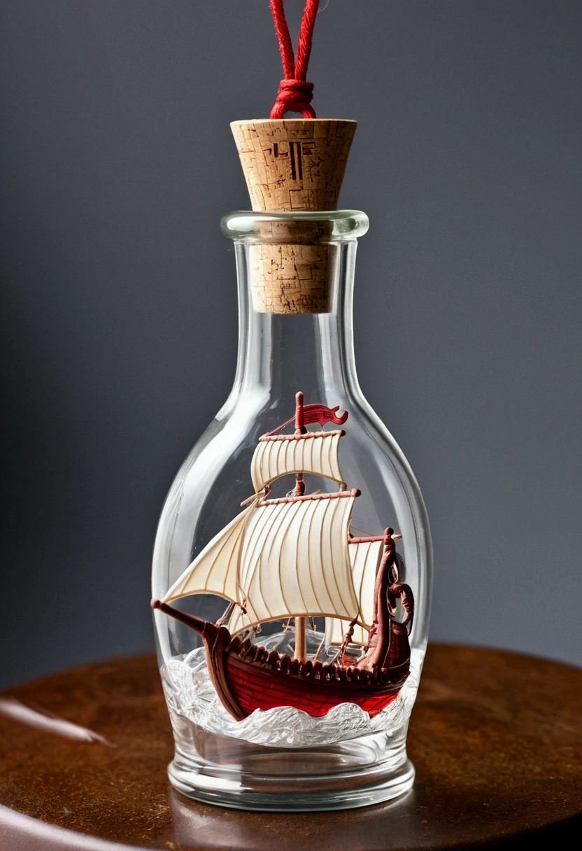 A meticulously detailed Viking ship is suspended inside a glass bottle. The vessel displays white and red sails in the wind, aligned oars and a dragon carved on the prow. The bottle, with a classic shape, It is made of translucent glass, allowing a clear view of the boat inside. The neck of the bottle is sealed with a cork stopper, and there is a small aged tag tied to it with a hemp thread, perhaps indicating a date or an old name, evoking a feeling of adventure and discovery from Nordic times.