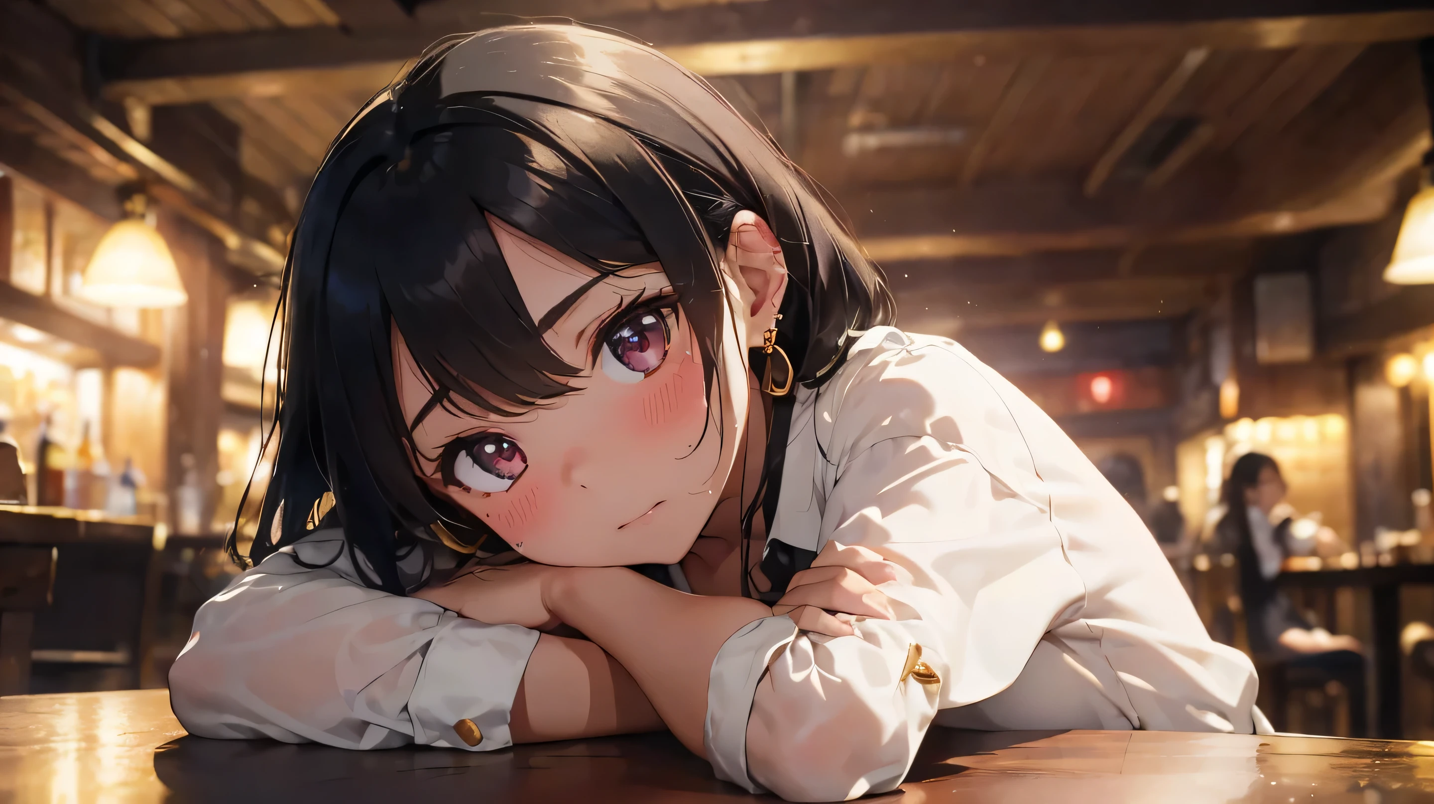 Tabletop, Highest quality, 1 Girl, On my back, Lying face down on the table, (((Dirty black hair, white blouse shirt, Gold earrings))), (Drunk:1.5), (blush:1.3), (Sitting, I&#39;m drinking beer:1.3, sweating:1.3), ((There are lots of big beer mugs:1.2))
((indoor, night, Pub)), (Sharp focus:1.2), Professional Lighting, Photon Mapping, Radio City, Physically Based Rendering