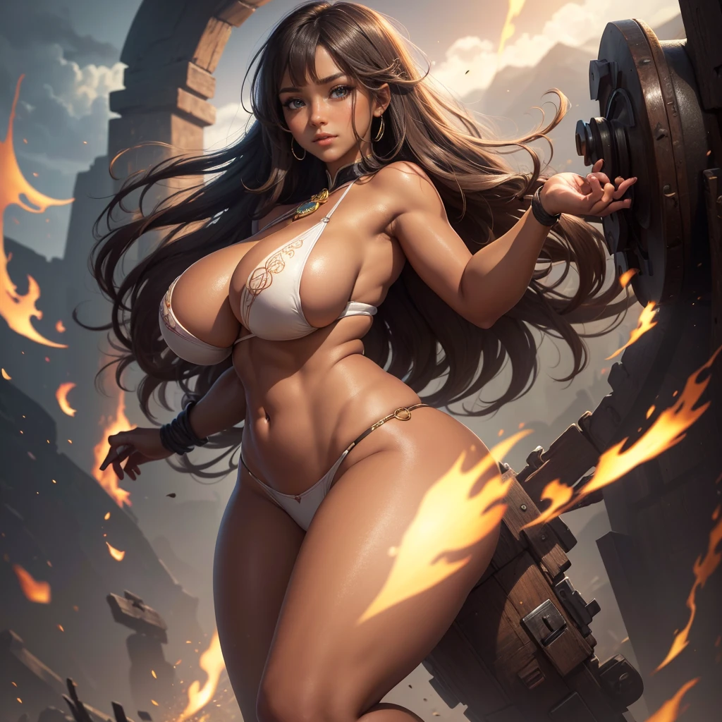 Highly detailed CG unit 8K wallpaper, masterpiece, High resolution, highest quality, highest quality real texture skin, Super Real, Digital Painting, Best image quality, 最High resolution, 8K, Very beautiful ager, ((Highly detailed eyes and face)), Beautiful eyes every detail, Full Body Shot, Dazzling, オフショルダー, chinese style embroidery, ((disproportionate breasts, huge breasts, sagging breasts:1.5, Cleavage:1.5, gigantic breasts, Saggy breasts, Gravity-dependent breasts, Heavy chest, long chest, Heavy chest)), erect nipple, (((tanned skin, brown skin, dark skin, sideboobs))), slender, smile, grin, Strong winds, typhoon, light brown hair,