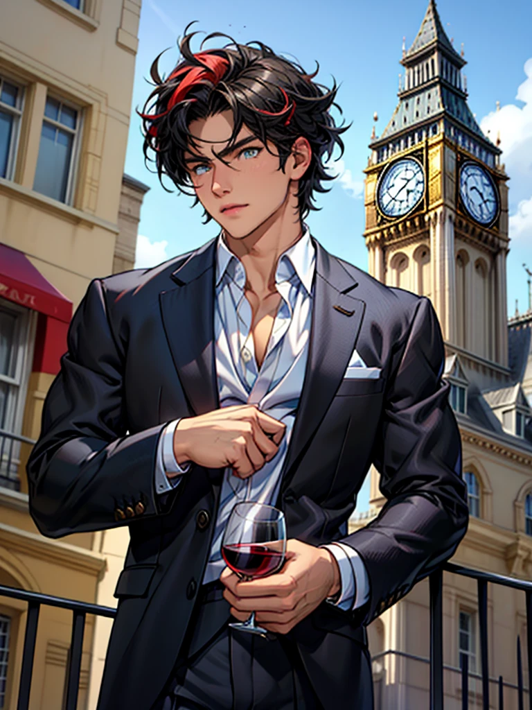 man, 32 years, black hair and wine red highlights, semi marked jaw, noticeable muscles, well-formed pectorals, amber eyes, wearing an elegant suit with a medical large tunic, I would be looking out of a balcony of a building and in the background I would see a clock tower like the Big Bang in London., well drawn hands, well drawn body.