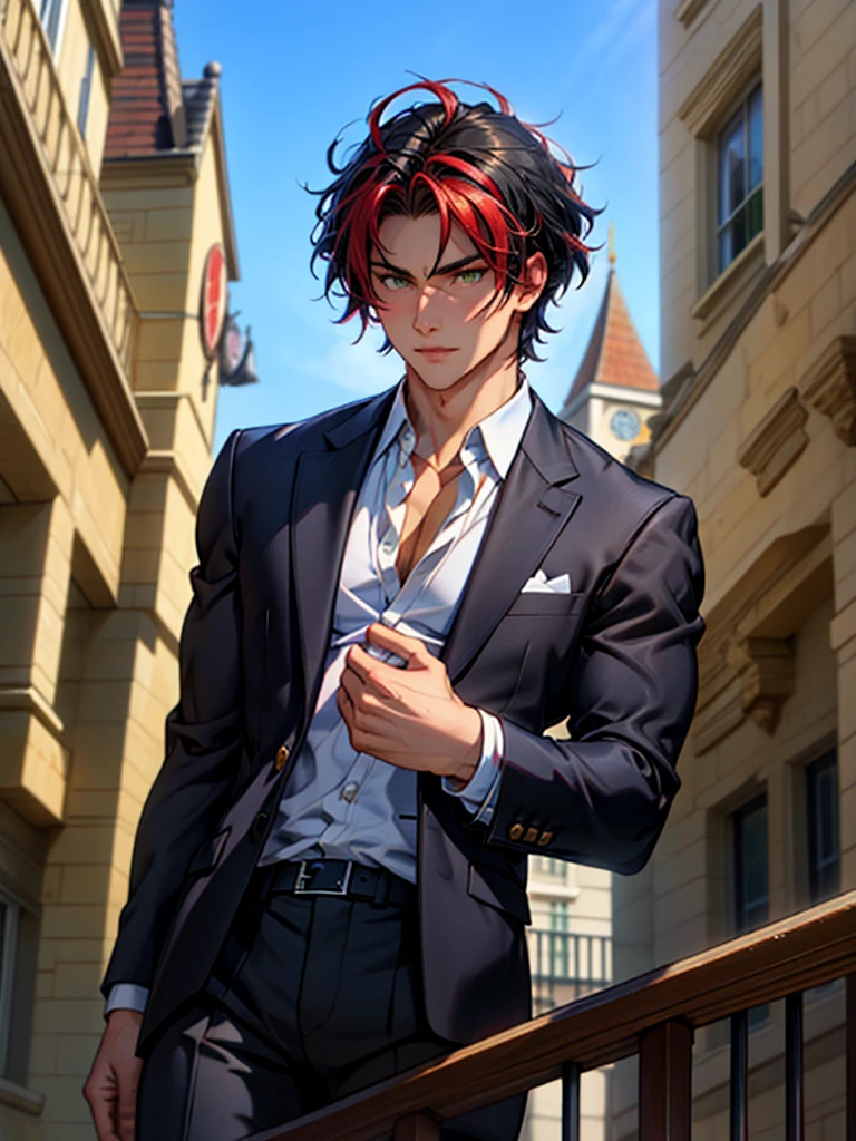 man, 32 years, black hair and wine red highlights, semi marked jaw, noticeable muscles, well-formed pectorals, amber eyes, wearing an elegant suit with a medical large tunic, I would be looking out of a balcony of a building and in the background I would see a clock tower like the Big Bang in London., well drawn hands, well drawn body.