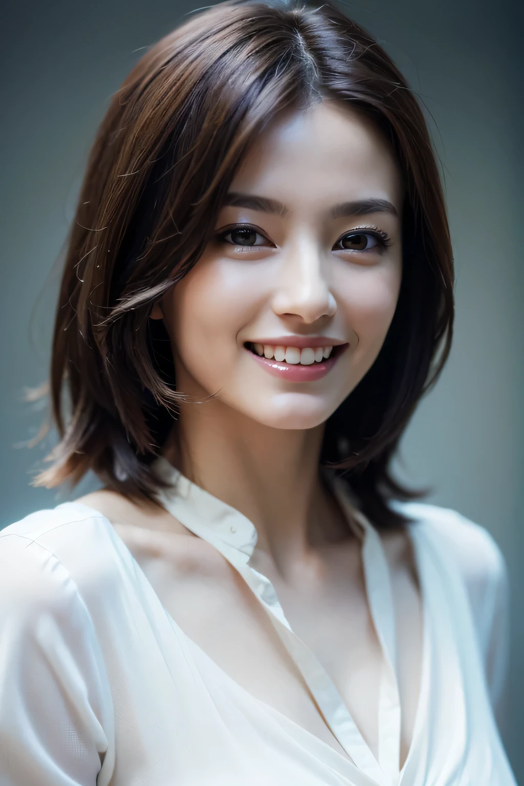 ((masterpiece)), ((Highest quality)), ((Complex)), ((Surreal)), (Realistic), (Mature Woman), ((There are no classes)), Very detailed, (1 female), Beautiful and exquisite, (Beautiful Teeth), Grin, Brunette Bob Hair, Brown eyes, ((blouse)), (Upper Body), (background:none), Perfect Eyes, Captivating eyes, Looking at the audience
