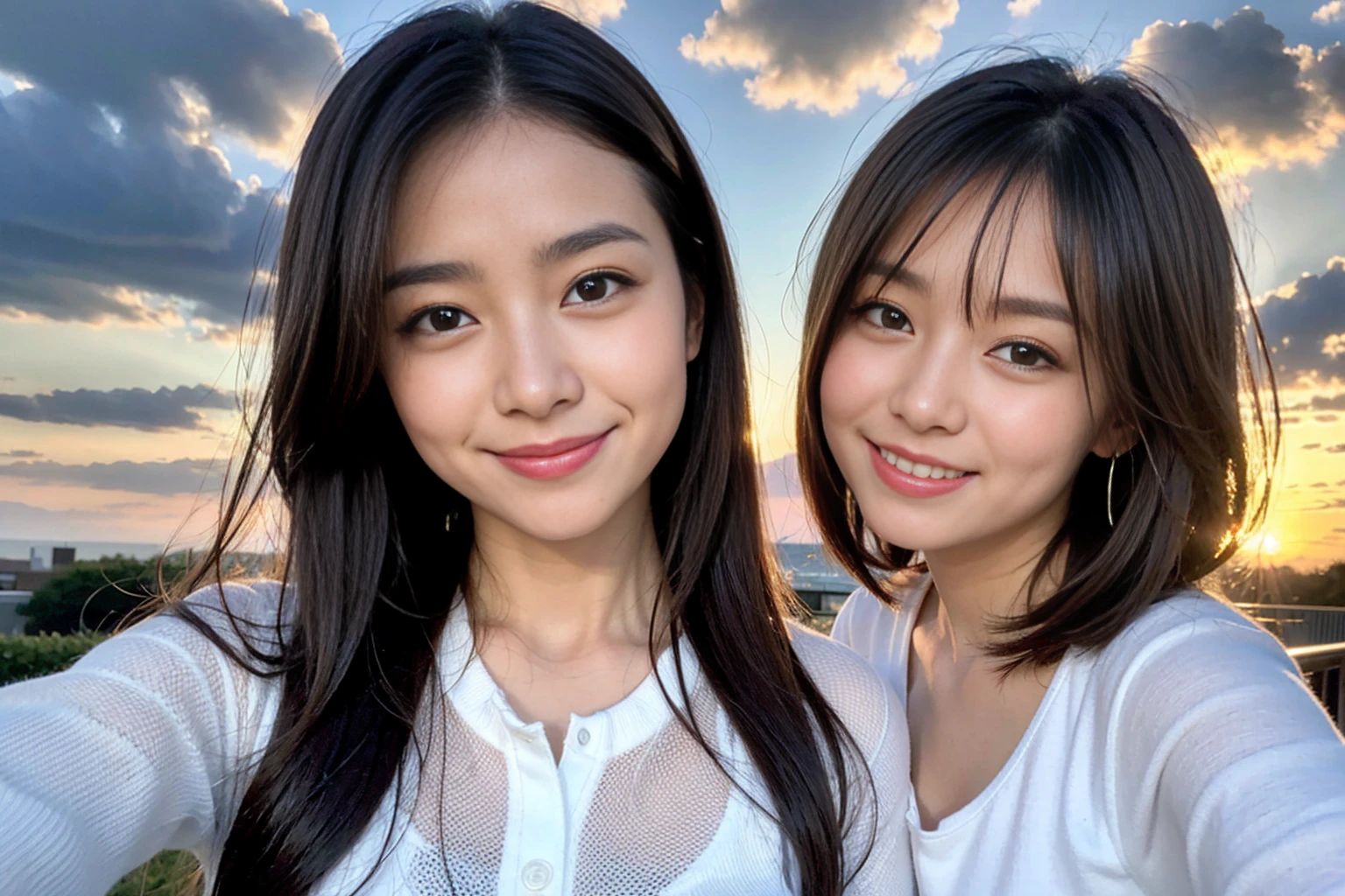 ((Highest quality、、masterpiece:1.3))、1 male、1 female,44 years old 39 years old、Please shine a light on my face、Slim Beauty、Beautiful couple、Upper Body、smile、 (Slim face), (the body is スリム), (Brown Hair), (Shortcuts), テーブルのフルコースディナーとwine glass、Amazing view of the sunset sky and clouds、smileの美しさ、Wine bottle、sparkling wine、Long sleeve shirt、dress、White wine, red wine, wine glass, Beautiful fine grain, Depth f/2,saturation, High Contrast, Strong light and shadow,Moist Body:1.5、 texture、The hair is very shiny、