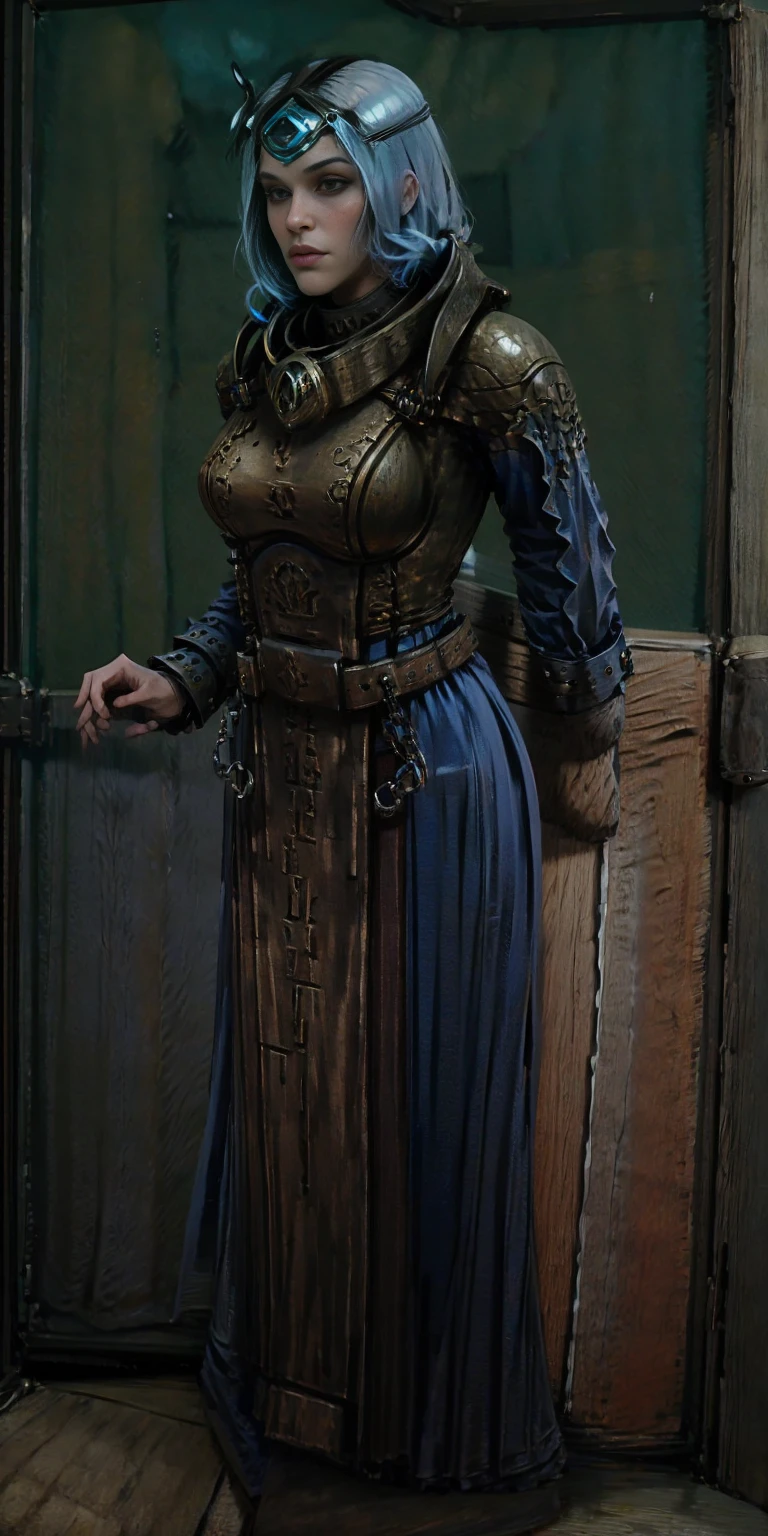 (Masterpiece, best quality, intricate details, 1sologirl) iron collar, arms behind back, iron cuffs, shackles, bound ((standing by wooden pole:1.2)) looking from above happy closed mouth