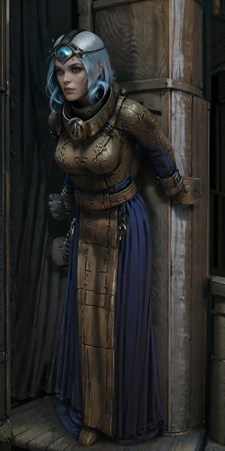 (Masterpiece, best quality, intricate details, 1sologirl) iron collar, arms behind back, iron cuffs, shackles, bound ((standing by wooden pole:1.2)) looking from above happy closed mouth