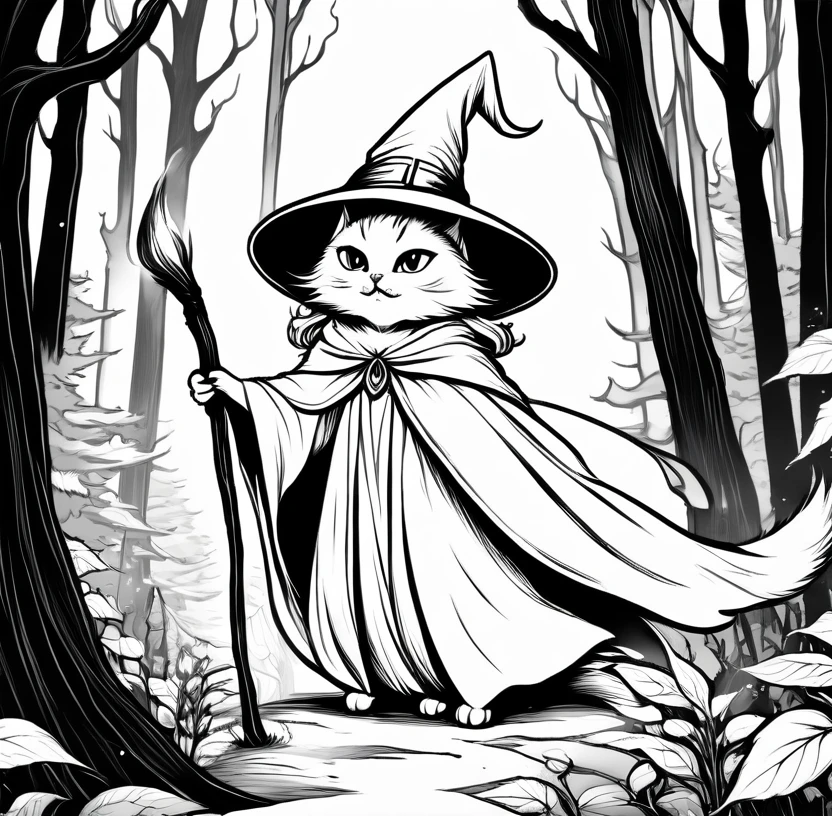 Witch Cat、Cute white witch hat and white cloak、 Wizard cat casting a spell, White Forest、Creepy、Full page illustration, Ink illustration、Coloring book illustration、Line art、Black and White、Monochrome、Outline Image