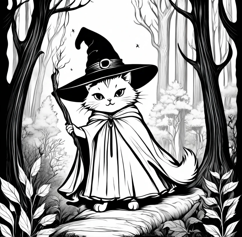 Witch Cat、Cute white witch hat and white cloak、 Wizard cat casting a spell, White Forest、Creepy、Full page illustration, Ink illustration、Coloring book illustration、Line art、Black and White、Monochrome、Outline Image