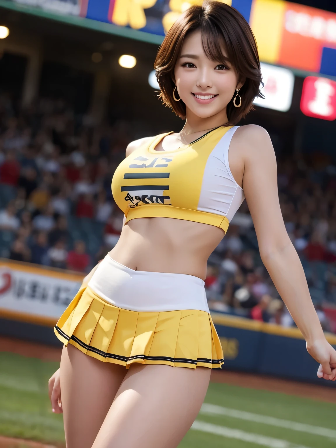 ((cheerleader, sleeveless yelow line shirt, midriff)), ((pleated yellow miniskirt)),((baseball Ground,night game照明,much-air-laden cheer)),((Highest quality)),((smile)),((short hair)),Realistic, ((High resolution)), 8K,Beautiful Skin,Beautiful, well-shaped eyes,(Korean women),((sexy)),(Glamour),Brunette colored hair,20th Generation,Bust size: 87cm、Earrings、(Sweat)、night game