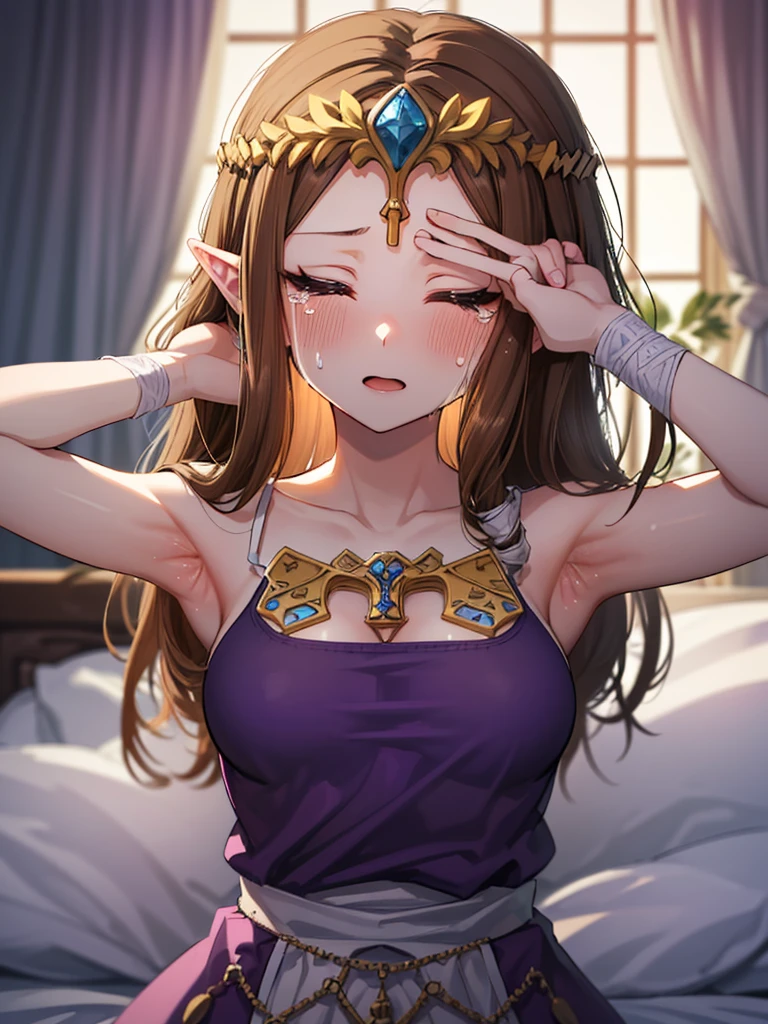 ((Very detailed and beautiful face)),((Please show me your armpits)),((close up of face)),((((Exposed breasts)))),()),((Exposed shoulders)),((((Upper Body)))),((Are crying)),,((alone))Anime art style,masterpiece,(Highest quality), (Very detailedな),(とても繊細でbeautiful),(alone),(Detailed face ),(((Close your eyes))),(((((Mature Woman,Queen))))),((とてもbeautiful肖像画)),((crinoline)),,((Straight Long Hair),((Close one eye)),((Open your mouth)),(((Purple blouse))),((Embarrassed expression)),((Dark brown hair)),Blushing,Princess Zelda, ((Highest quality)), (Very detailed), ,(((constrained))),beauty,beautiful,Princess Zelda, Ticker,)),
((At the bed))Nintendo, The Legend of Zelda