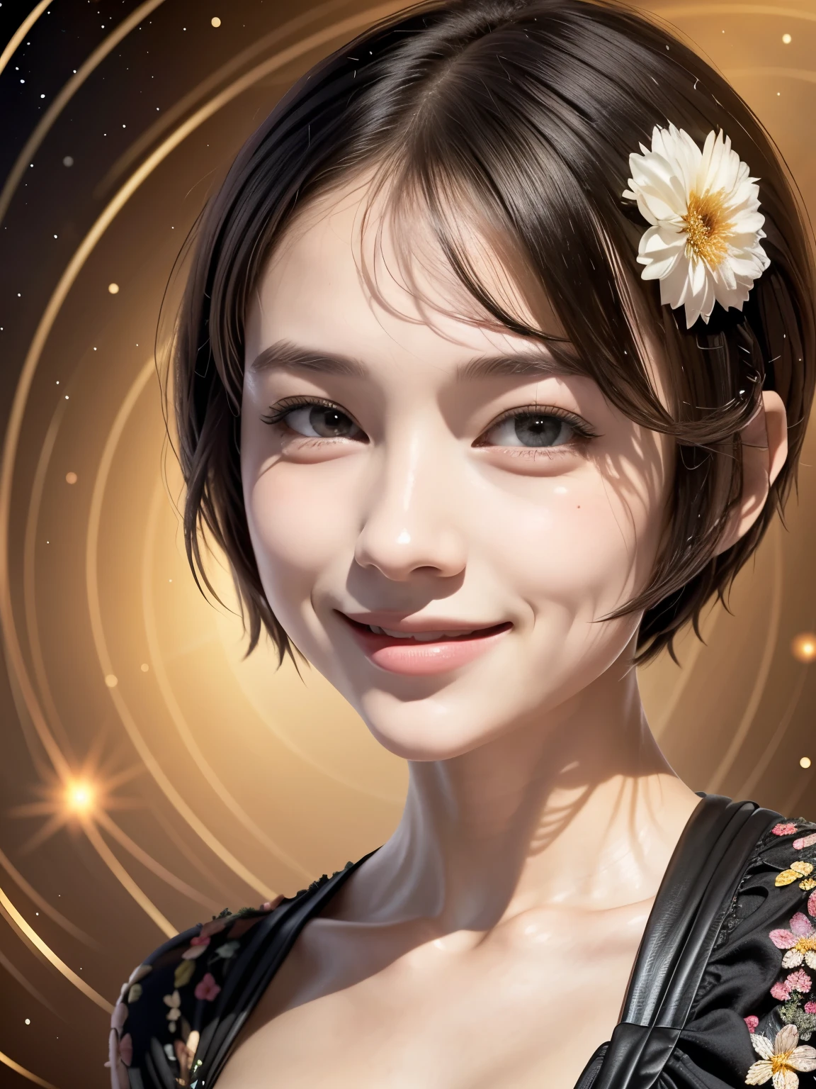 257 20-year-old female, (short hair),(Abstract background,Fractal Art), smile, flower