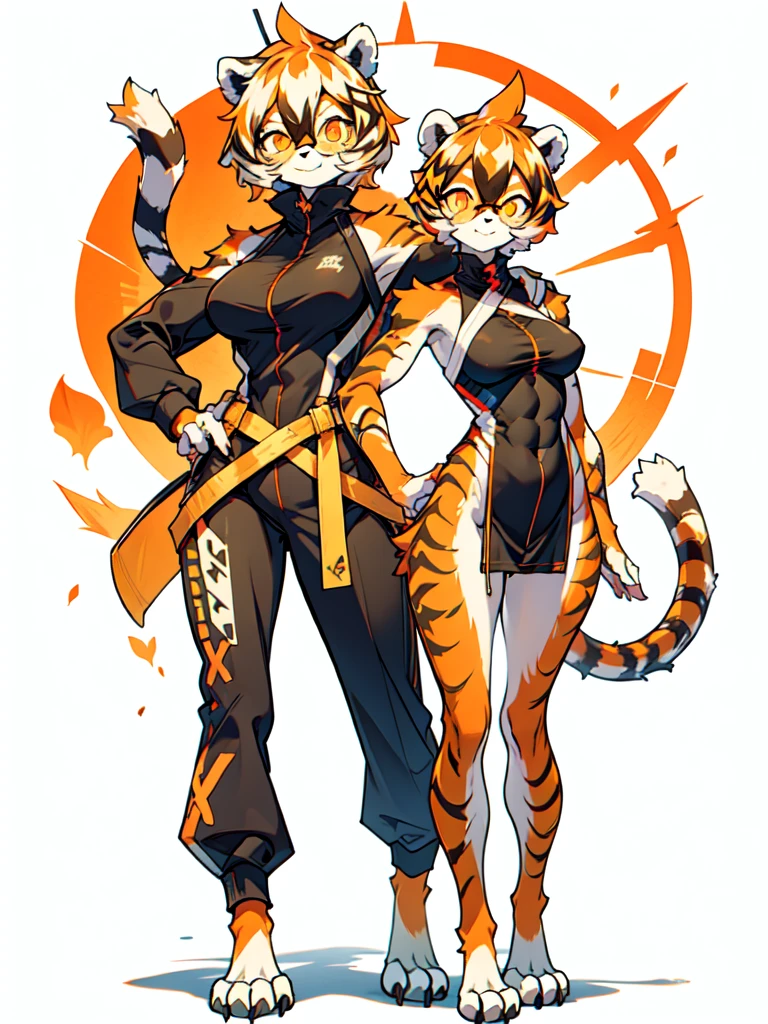 white background, full body, ((furry female:1.2)), Standing, animal ears, white hair, black hair, short hair, large breasts, muscle, tail, orange eyes, orange hair, multicolored hair, tiger girl, hair between eyes, tiger_ears, tiger_tail, orange-tinted_eyewear, tinted_eyewear, big breasts, evil smile, Shadows under feet, Abdominal muscles, (((x-ray, outfit:1.2))),
