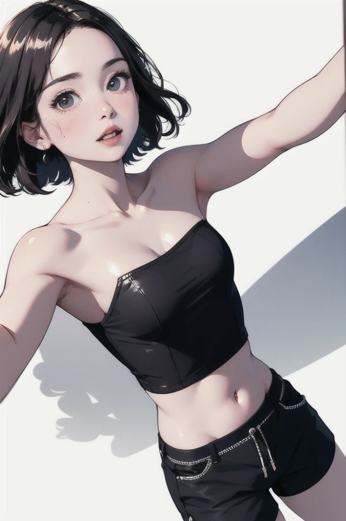 pretty girl . very cute , Round face . alone , slim , Medium chest , Short and small . Shiny skin . Pure white tube top T-shirt . Shorts . Dynamic pose . Dynamic Angle . No background , White Background , Looking at the audience